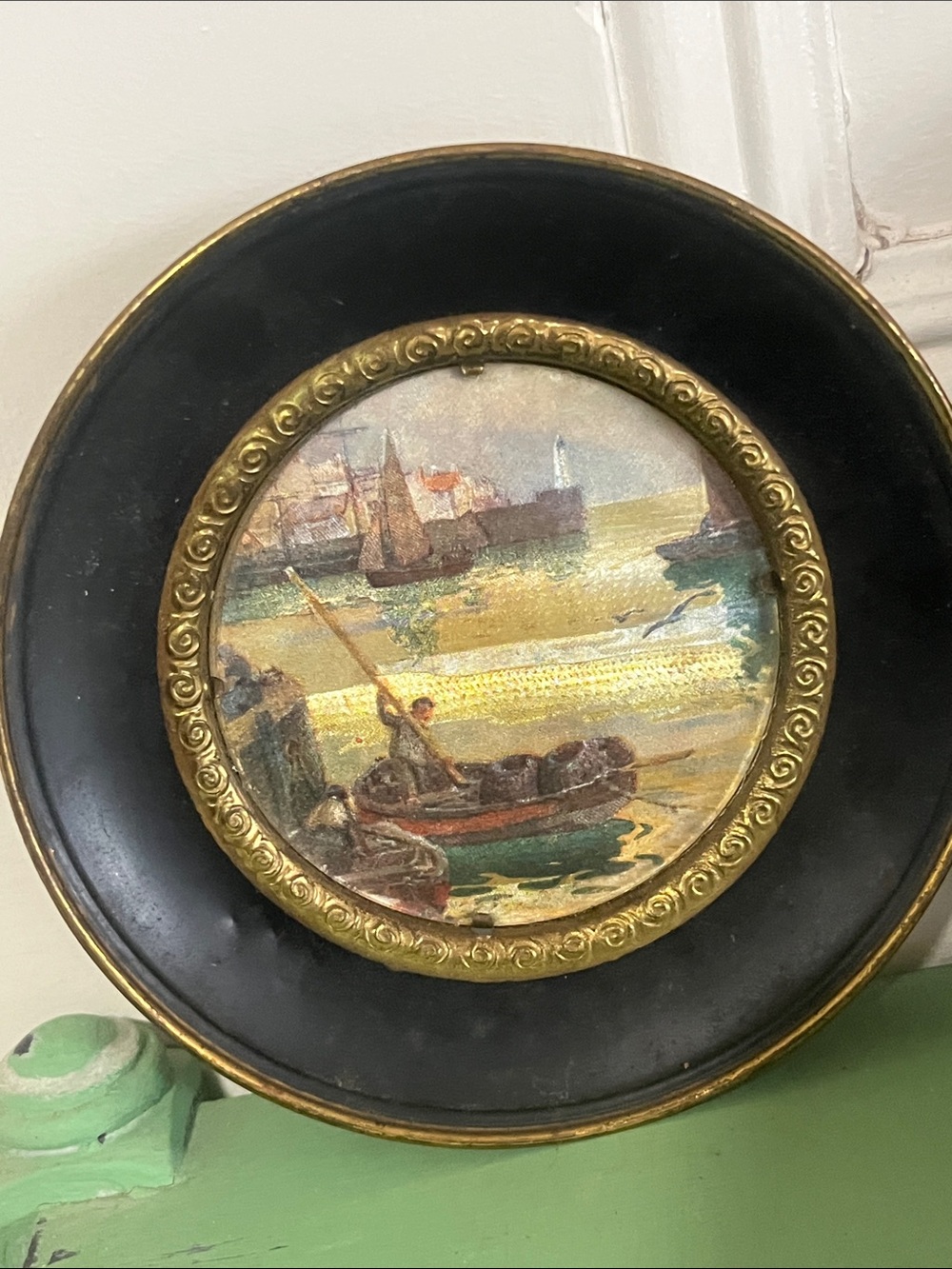 Brass Gold tone Miniature Landscape Scenic Wall Plate Paintings w/ Foil England - Picture 2 of 10